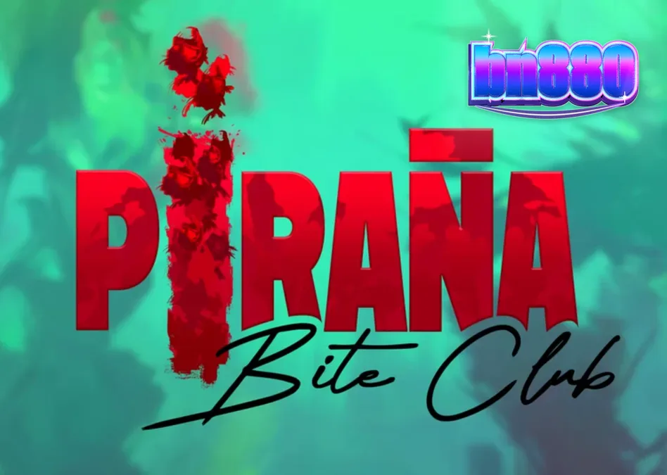 Piranha Bite Club slot game interface featuring retro pin-up art and tropical water theme.